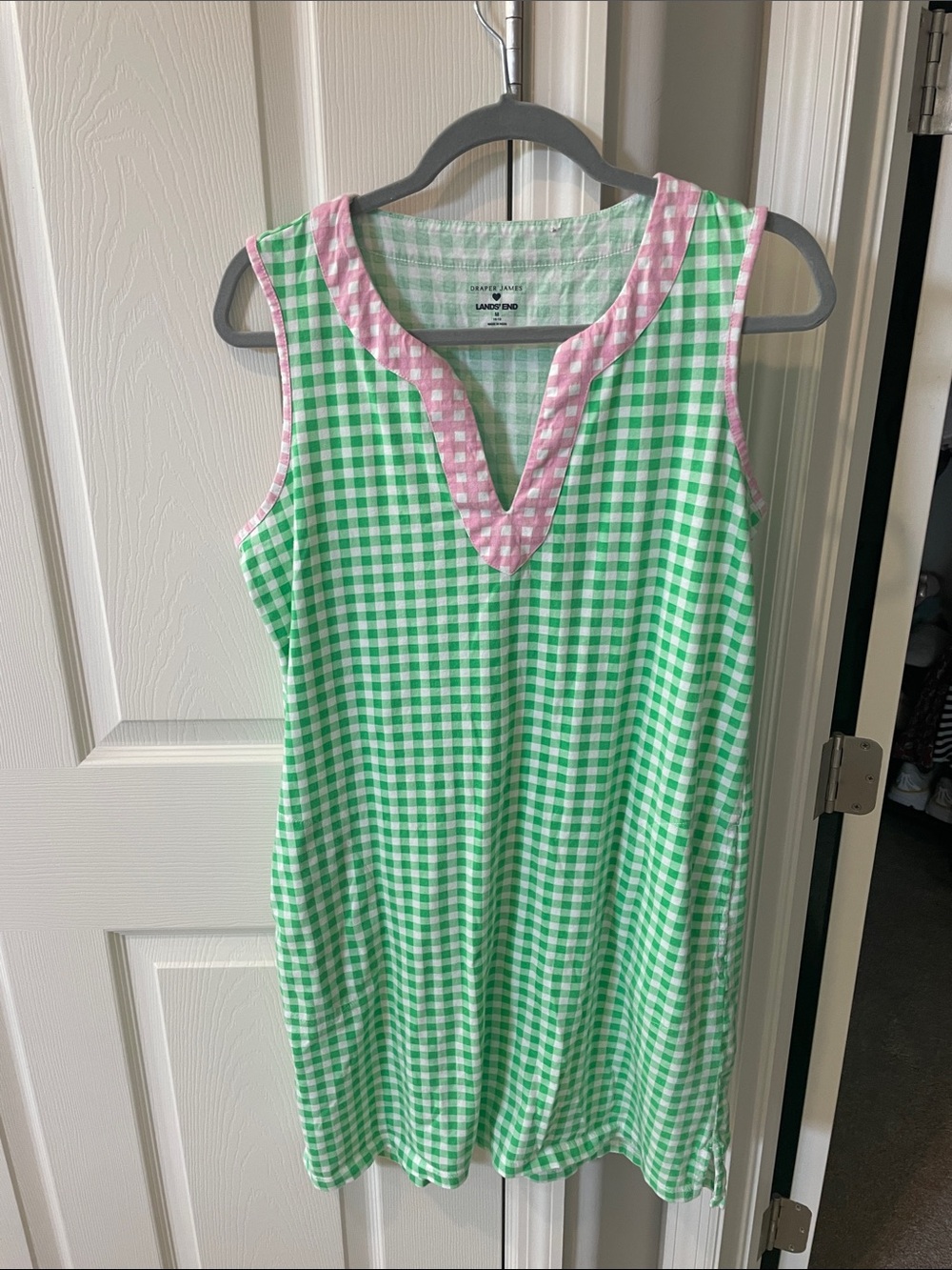 Lands' End Draper james Green and Pink Gingham Sleeveless Shift Dress 100%cotton